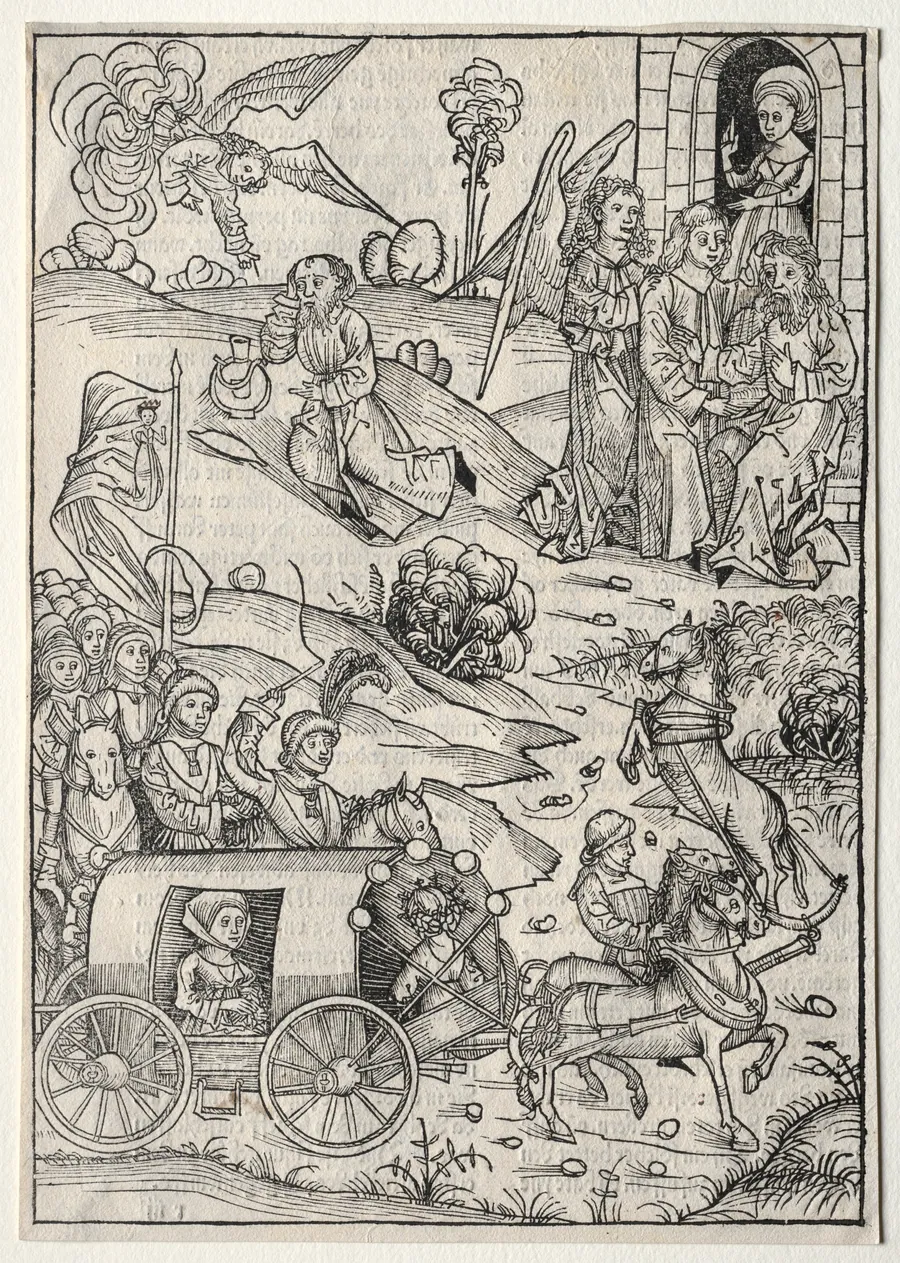 Der Schatzbehalter:  The Return of Tobias to Tobit; The Arrival of Tobias' Wife; The Angel Bringing Food and Drink to Elijah in the Desert by Michael Wolgemut