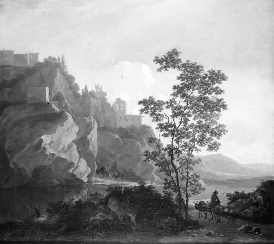 Sydlandsk landskab med en fisker by Jacob de Heusch