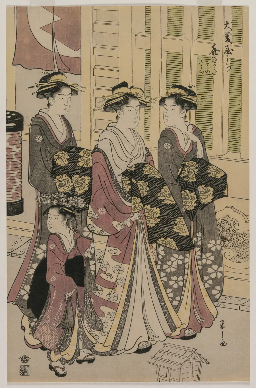 The Courtesan Kisagata of Ohishiya Strolling at Night with Two Shinzo and a Kamuro by Chōbunsai Eishi