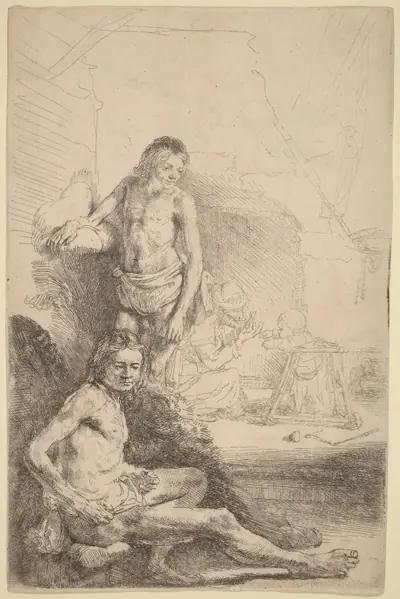 Nude Man Seated and Nude Man Standing, with a Woman and Baby in the Background