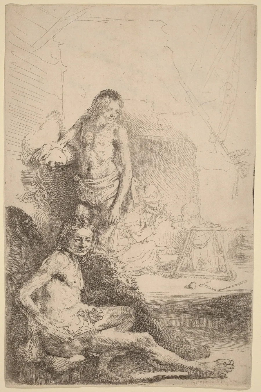 Nude Man Seated and Nude Man Standing,  with a Woman and Baby in the Background by Rembrandt van Rijn