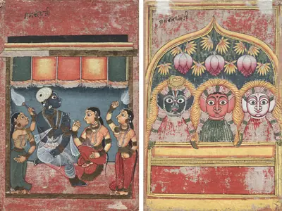 Krishna with Radha and Two Attendants (recto); Jagannath, Subhadra and Balarama in an Arch (verso)
