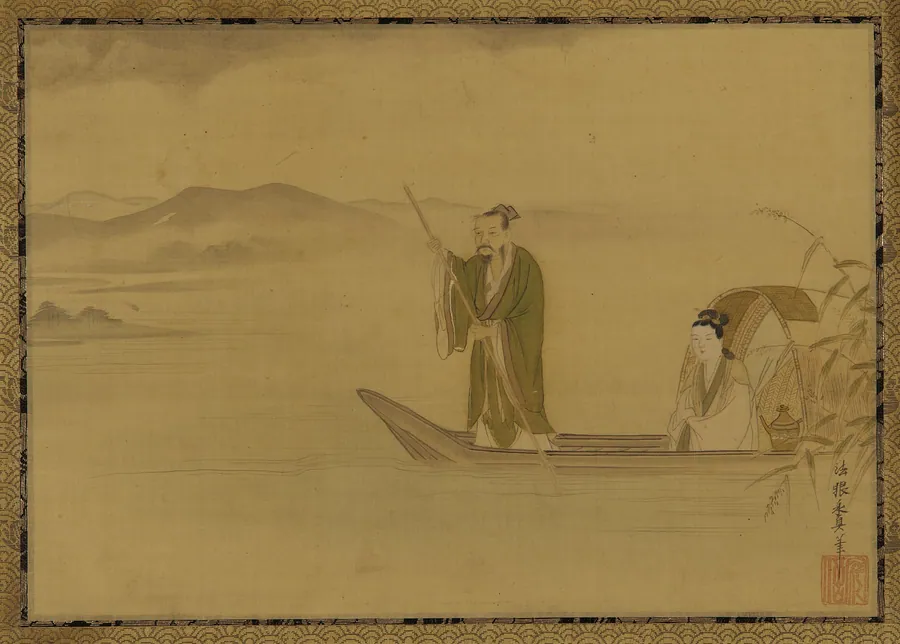 Chinese man and woman in a boat by Kano Yasunobu (1613-1685)