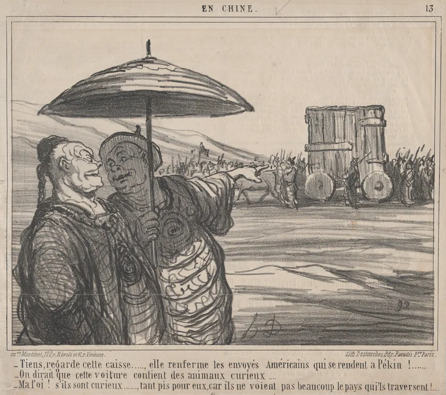 Tiens, regarde cette caisse...., elle renferme les envoyés Américains qui se rendent a Pékin!...., from En Chine, published in Le Charivari, October 4, 1859 by Destouches
