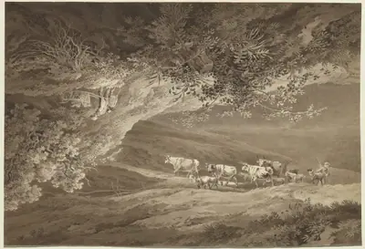 A Landscape with a Herd of Cows and Goats, Surmounted by Another Landscape, Upside-down, with a Man Pushing a Wheelbarrow