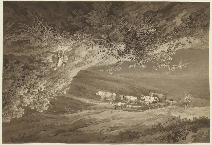 A Landscape with a Herd of Cows and Goats, Surmounted by Another Landscape, Upside-down, with a Man Pushing a Wheelbarrow by Adrian Zingg