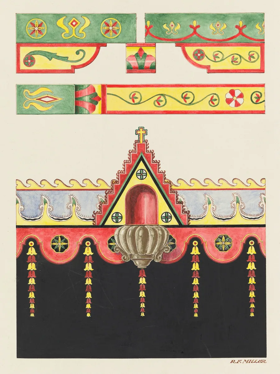 Wall and Ceiling Decorations, and Holy Water Font; Restoration Drawing by Randolph F. Miller