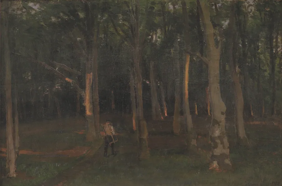 Skov ved solnedgang by Hans Smidth