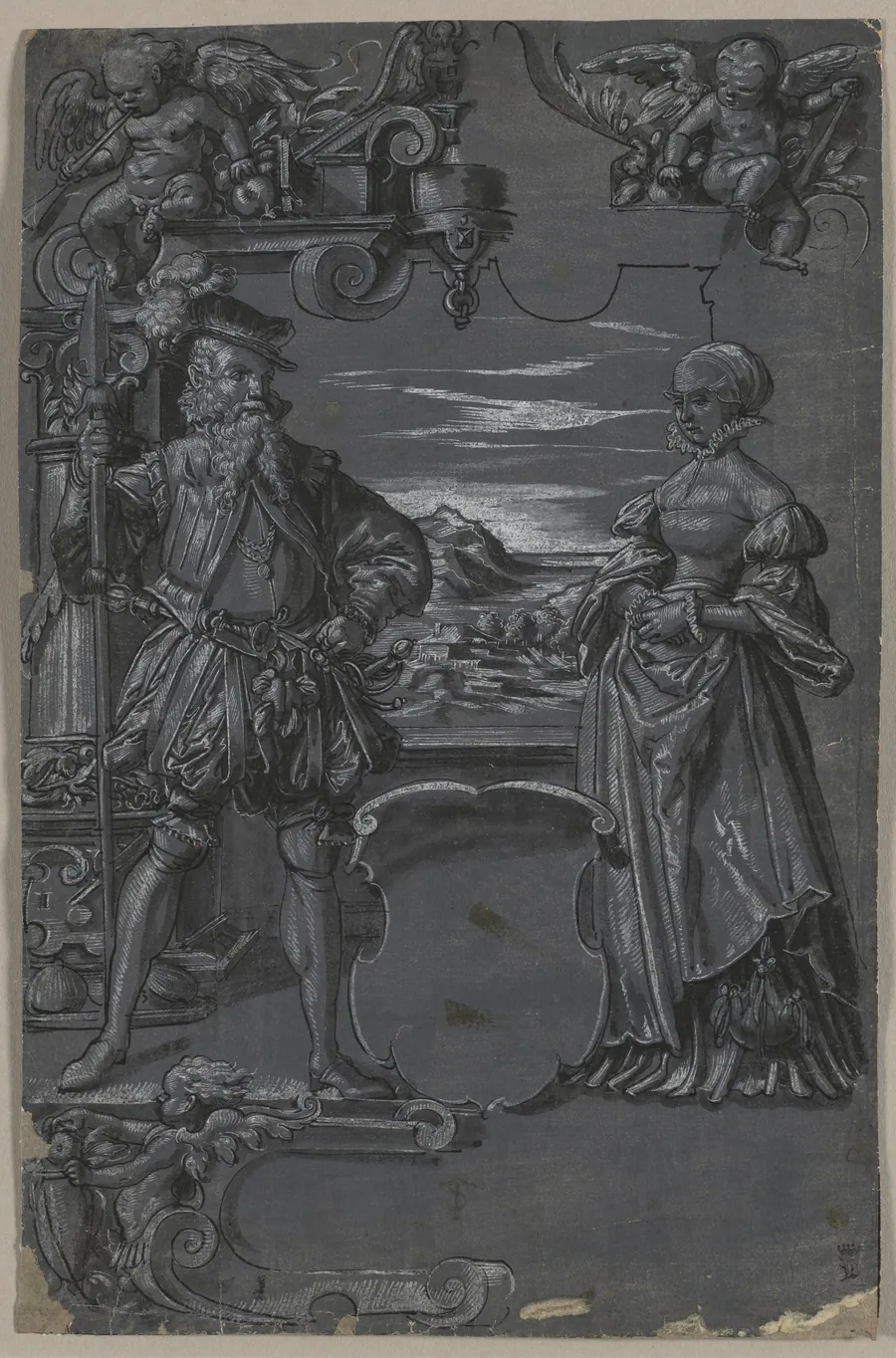 Design for Glass Painting: Man and Woman in Architectural Setting by Tobias Stimmer
