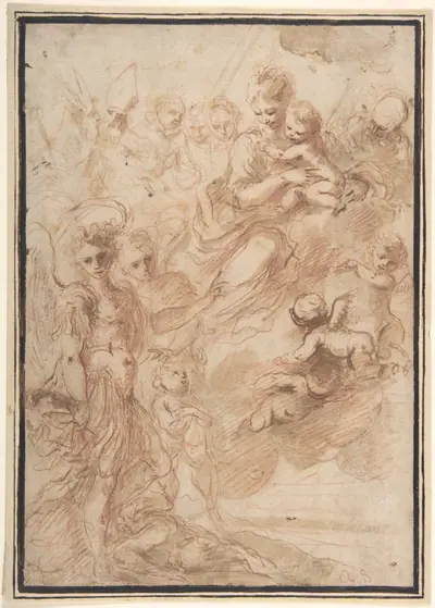 Saint Michael the Archangel and Another Figure Recommending a Soul to the Virgin and Child in Heaven