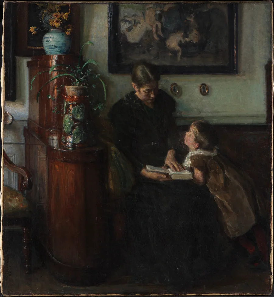 Moder skal læse. Kunstnerens hustru og barn by Viggo Johansen