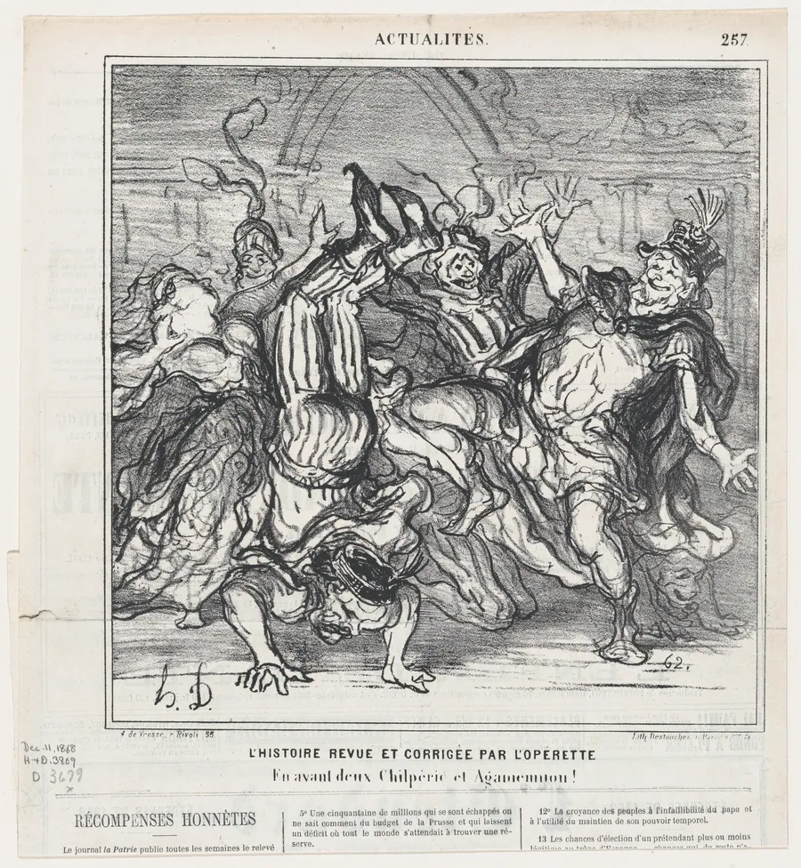 History revised and corrected by the operetta: Go ahead Chilperic and Agamemnon!, from 'News of the day,' published in Le Charivari, December 11, 1868 by Destouches