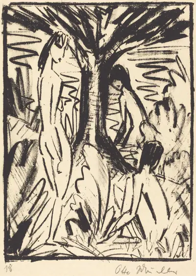 Standing, Sitting, and Bathing Girls near a Tree (Stehende, sitzendes und badendes Madchen am Baum)