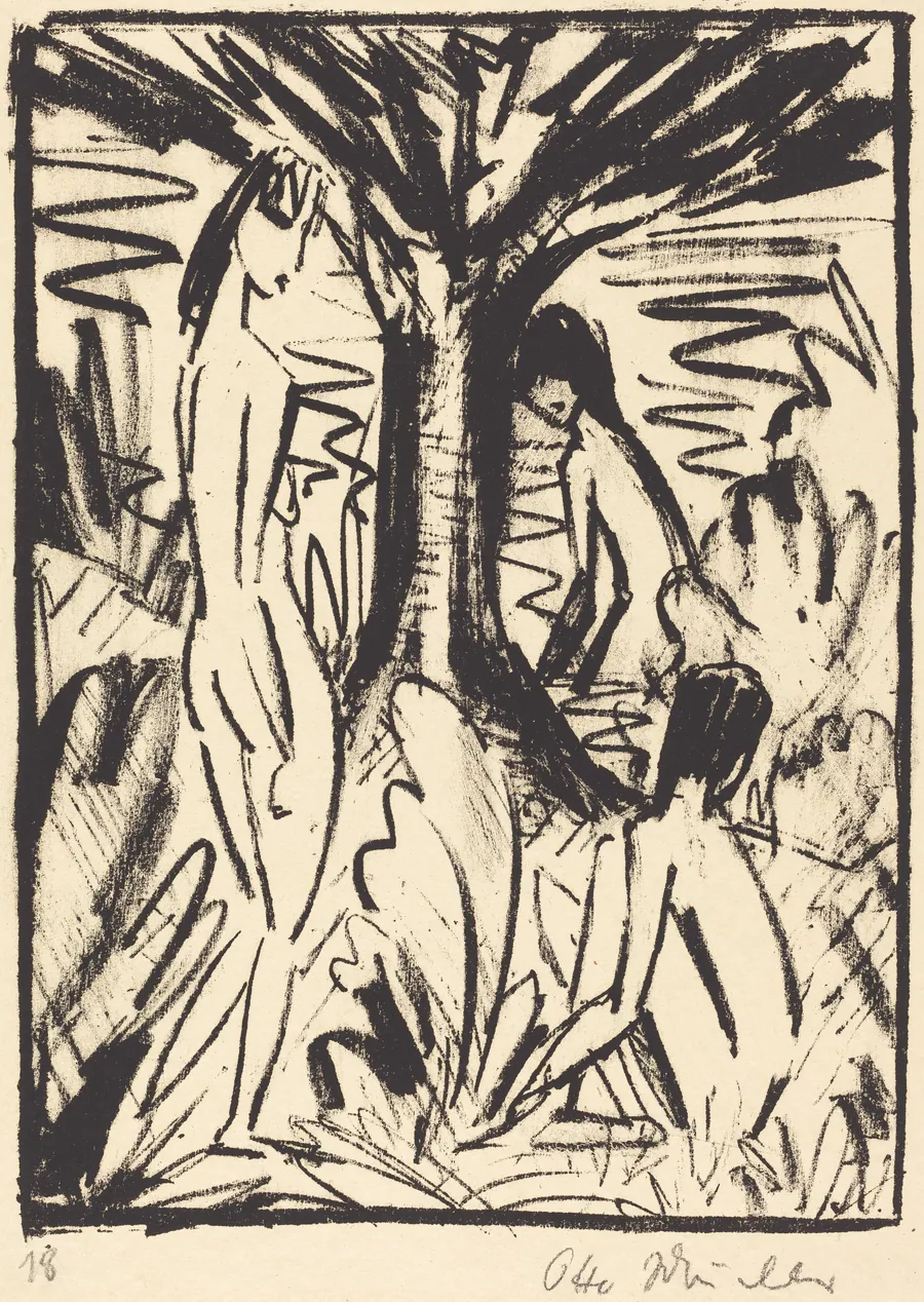 Standing, Sitting, and Bathing Girls near a Tree (Stehende, sitzendes und badendes Madchen am Baum) by Otto Mueller