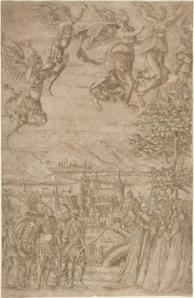 A King and His Retinue Confronting Ladies under a Celestial Battle