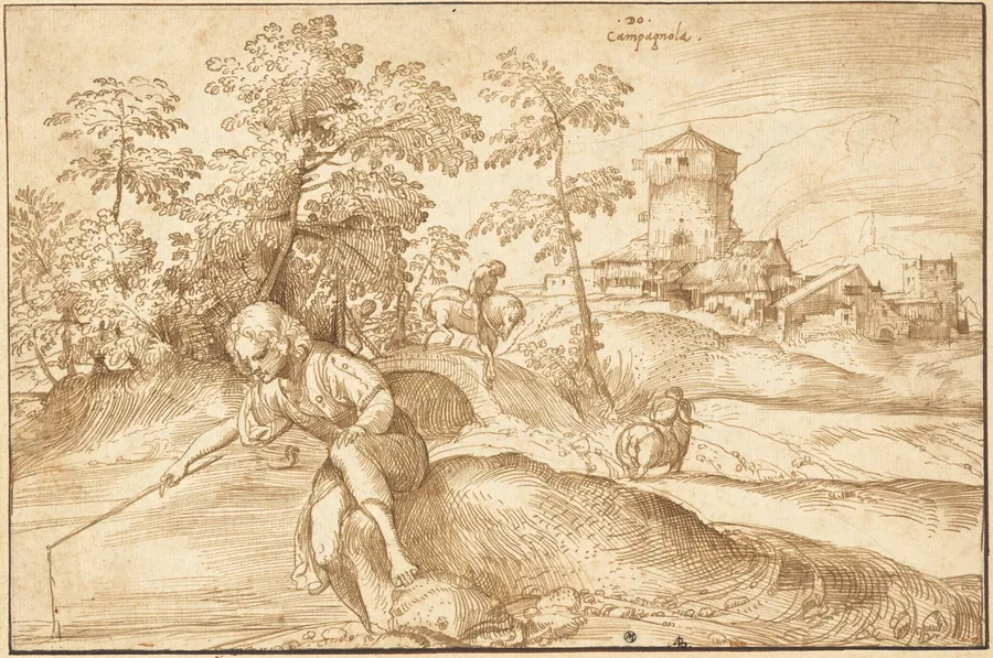 Landscape with a Boy Fishing by Domenico Campagnola