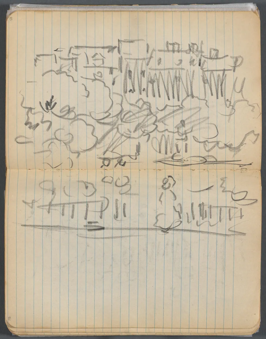 Sketchbook, page 080 & 81: Landscape with Figures and Houses by Maurice Prendergast