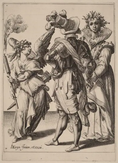 A Blindfolded Cupid Holding a Torch Before a Couple
