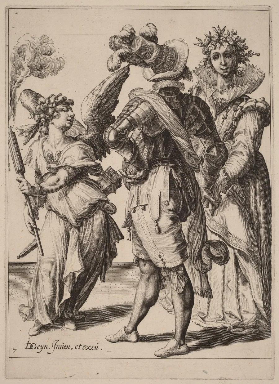A Blindfolded Cupid Holding a Torch Before a Couple by Zacharias Dolendo