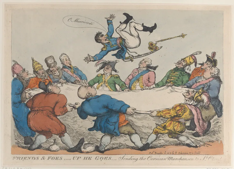 Friends and Foes–Up He Goes–Sending the Corsican Munchausen to St. Cloud's by Thomas Rowlandson