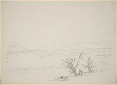 An Alpine Landscape with a Couple Seated by Trees Overlooking a Valley