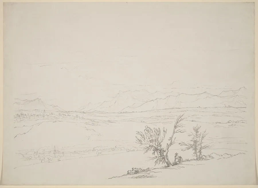 An Alpine Landscape with a Couple Seated by Trees Overlooking a Valley by Benjamin West