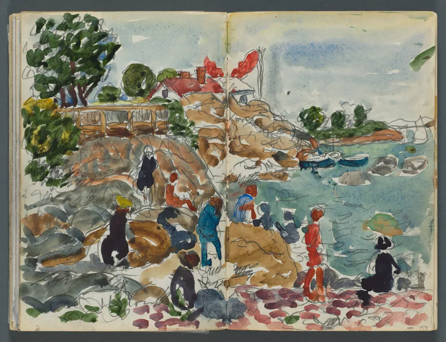 Sketchbook, The Dells, N° 127, page 158 & 159: Coastal Landscape with Figures by Maurice Prendergast