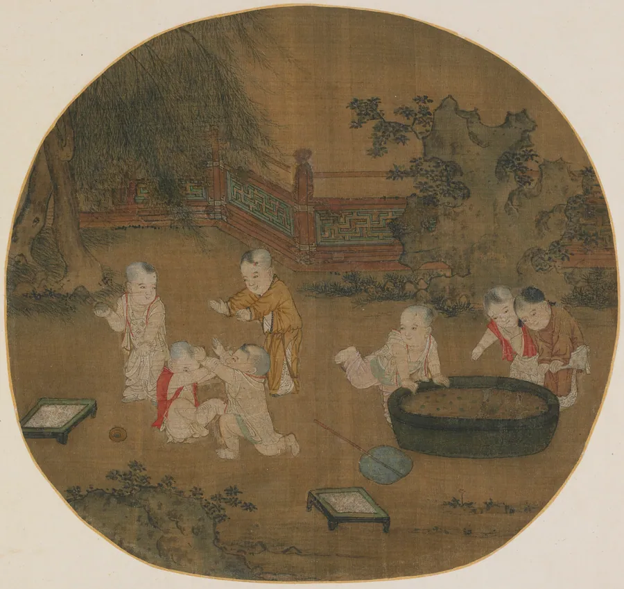 Children playing in a garden 明 庭院嬰戯圖 冊頁 by Formerly attributed to Zhou Wenju (傳)周文矩 (active mid-10th century)