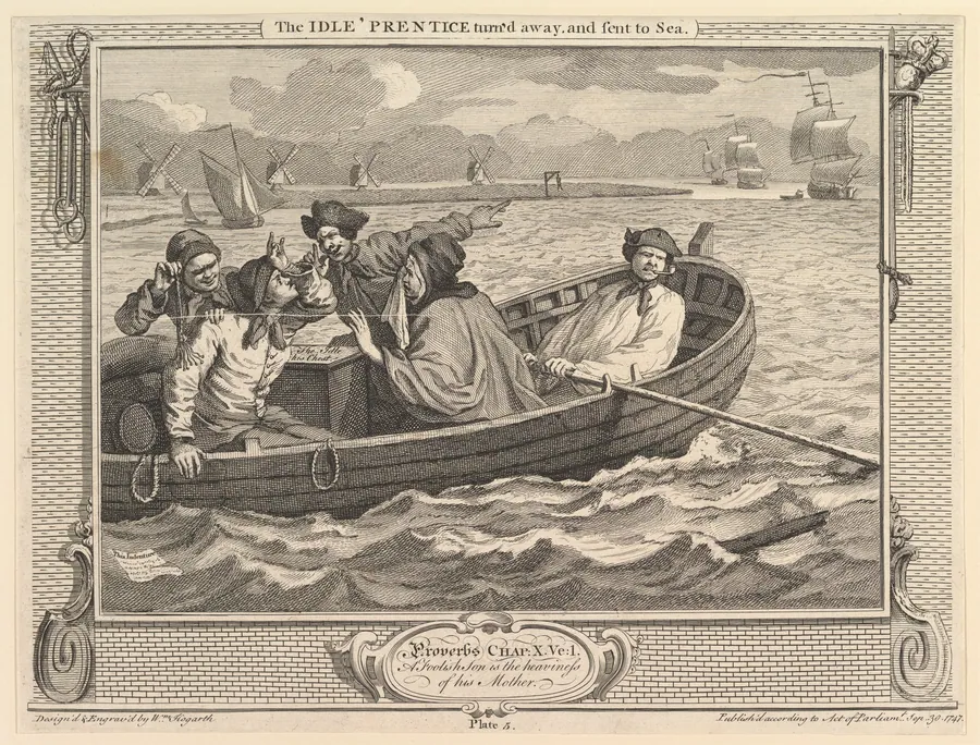 The Idle 'Prentice Turned Away and Sent to Sea: Industry and Idleness, plate 5 by William Hogarth