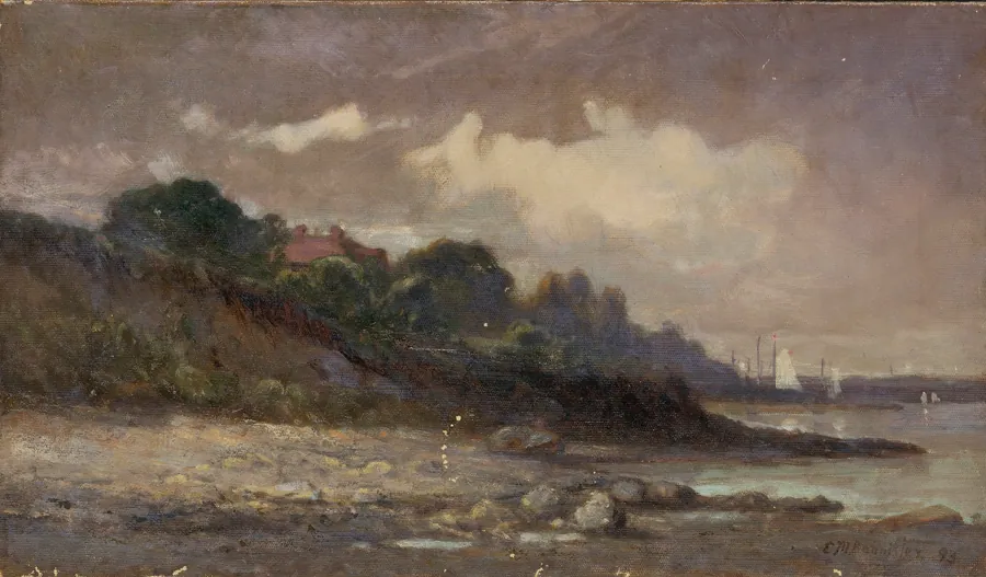 Untitled (shoreline with sailboats and roof) by Edward Mitchell Bannister, born St. Andrews, New Brunswick, Canada 1828-died Providence, RI 1901
