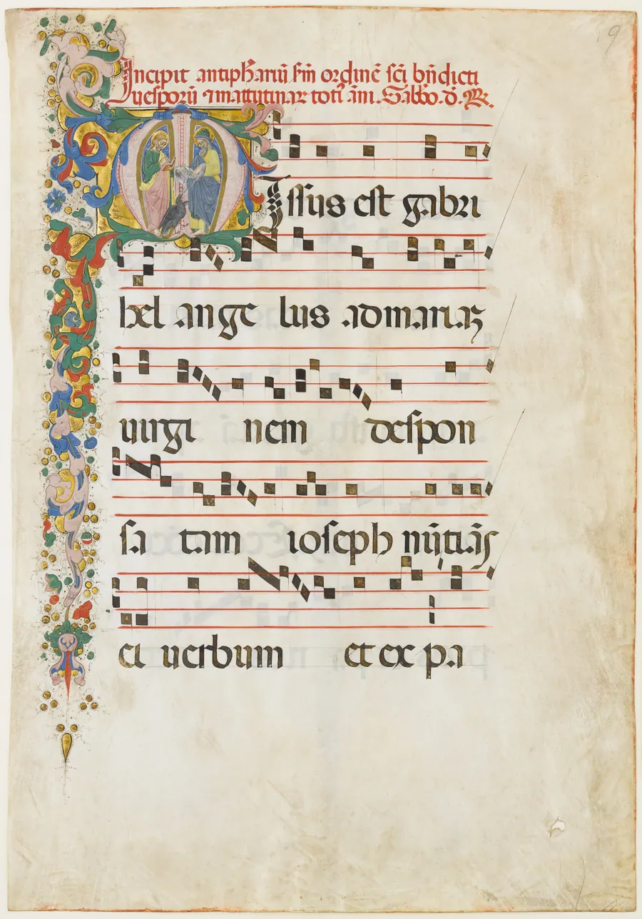 Manuscript Leaf with Saint John the Evangelist and Saint John the Baptist in an Initial M, from an Antiphonary by Master of the Riccardiana Lactantius