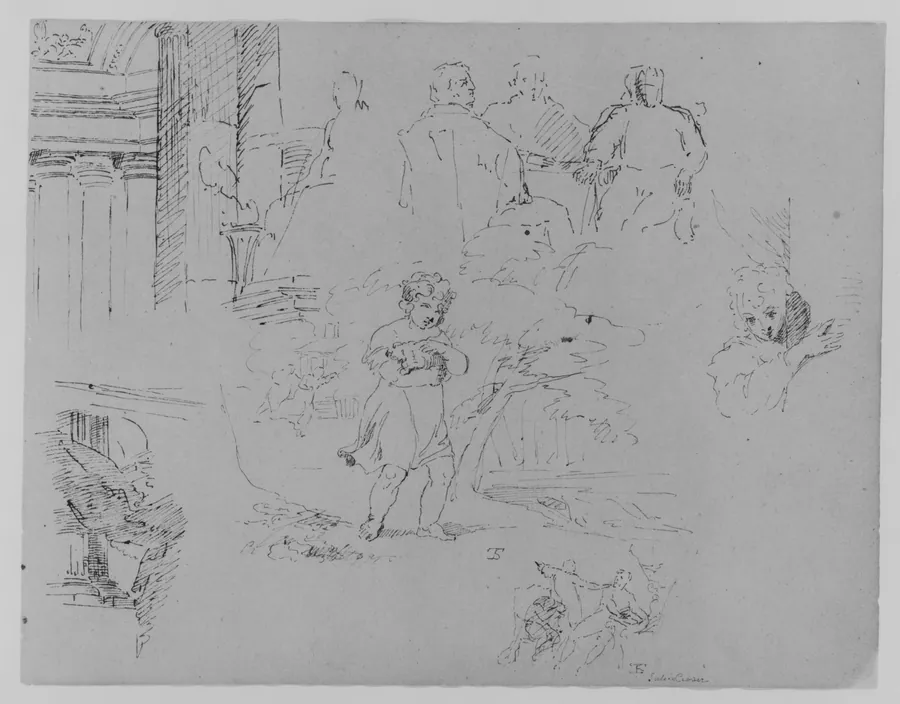 Two Architectural Sketches; Three Men Seated at Table; Child Holding Pet in Landscape; Figure Appearing Behind Corner; Scene from Julius Ceasar (from Sketchbook) by Thomas Sully