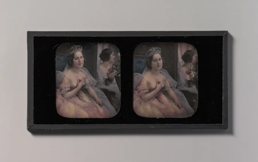 [Stereograph of a Woman Wearing a Tiara and Tulle and Lace Dress, Seated Before a Mirror] by Bautain