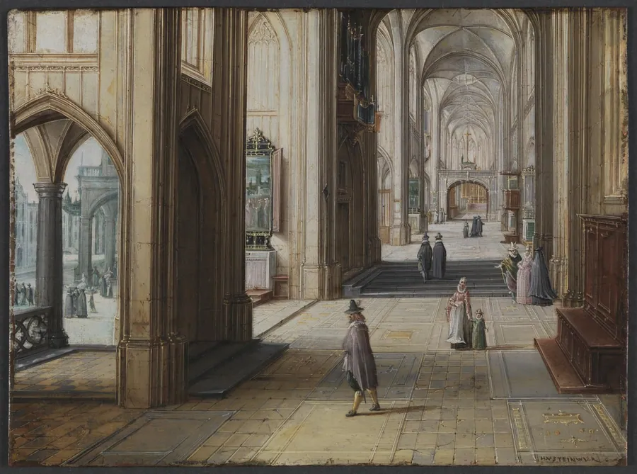 Det indre af en gotisk kirke set mod øst by Hendrik van II Steenwijck