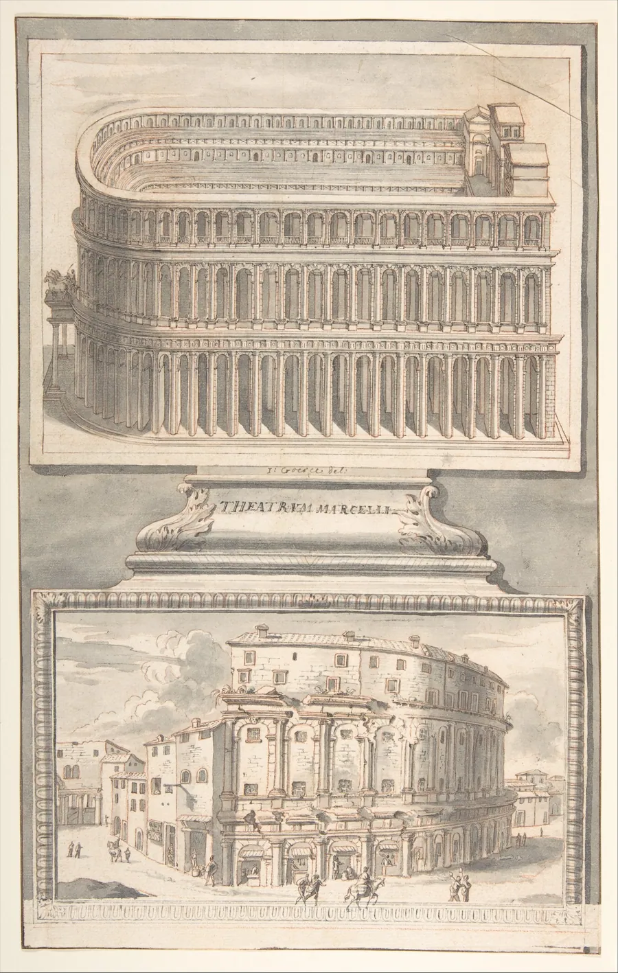 Reconstruction of the Theatre of Marcellus (above) and a View of the Ruins (below) by Jan Goeree