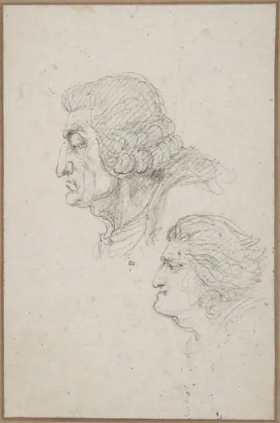 Portraits of Jean-Baptiste-Joseph Gobel (1727-1794), Bishop of Paris in 1792-93, and Pierre-Gaspard Chaumette (1763-1794), Procurator of the Commune in 1792, sketched on the way to the guillotine, April 12, 1794.