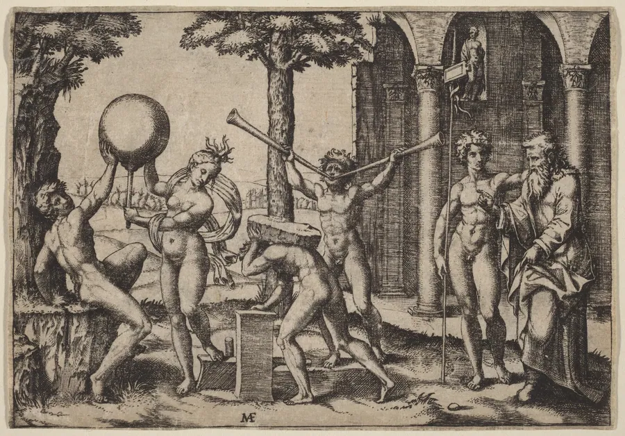 The Man with Two Trumpets by Marcantonio Raimondi