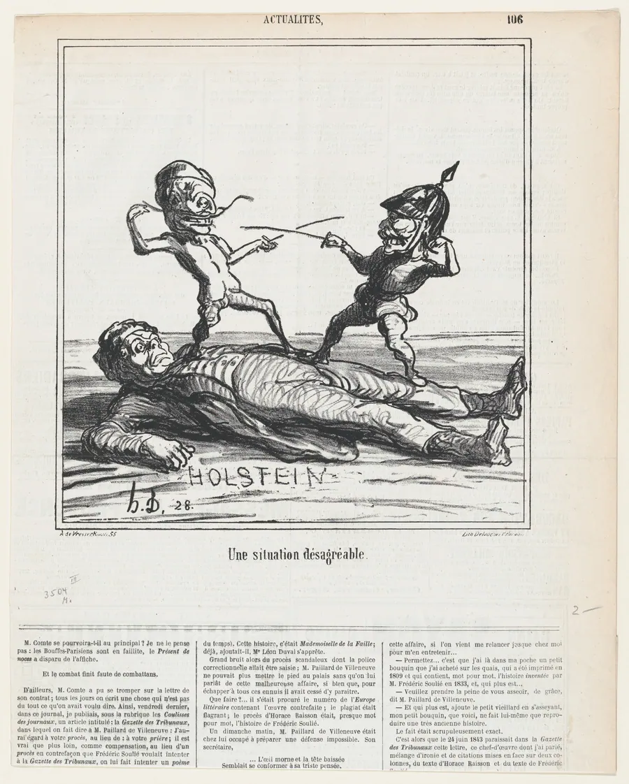 An uncomfortable situation, from 'News of the day,' published in Le Charivari, June 5, 1866 by Arnaud de Vresse