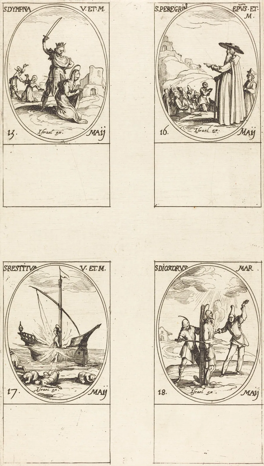 St. Dympna; St. Peregrinus; St. Restituta; St. Dioscorus by Jacques Callot