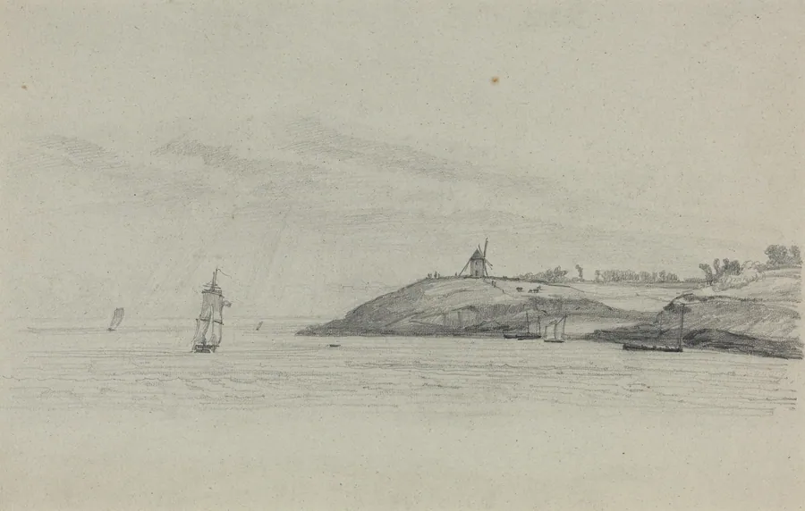 Coastal Landscape with Shipping; Windmill in Distance by Eugène Boudin