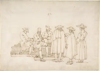 A Group of Figures Surrounding Two Bird-coops