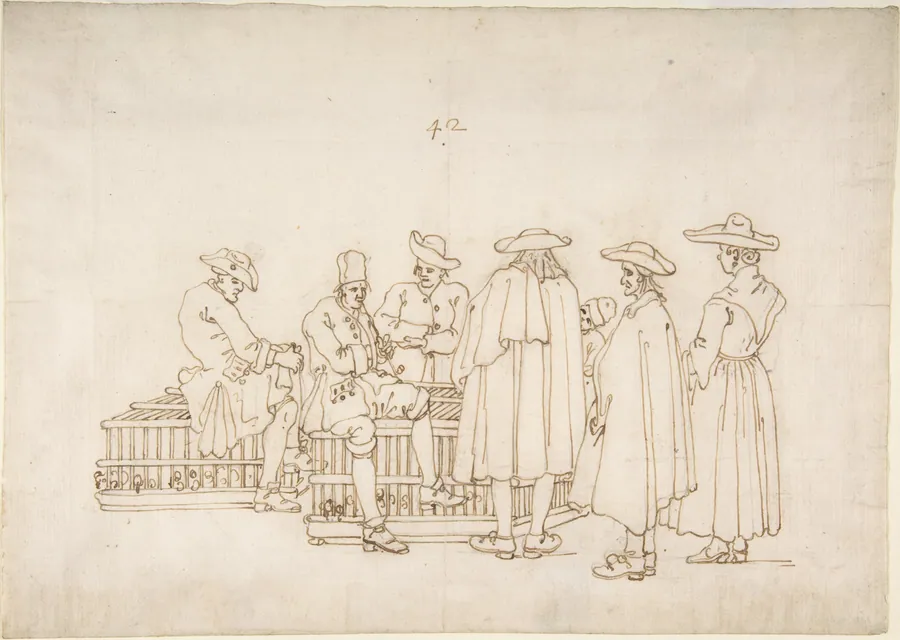 A Group of Figures Surrounding Two Bird-coops by Bernardo Bellotto