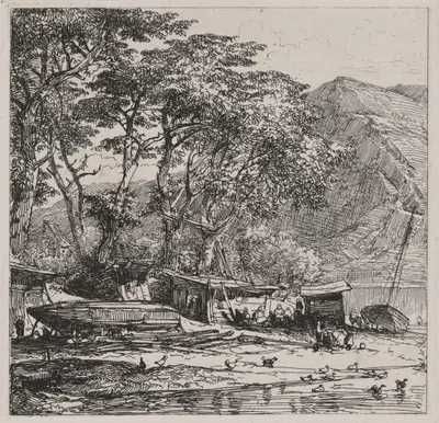 Fishing Village with Boats on the Shore