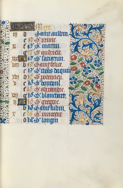 Book of Hours (Use of Rouen): fol. 3r, Calendar Page for March