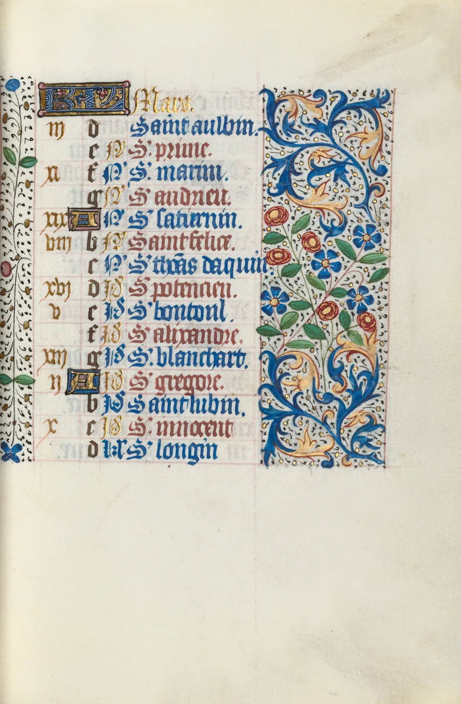 Book of Hours (Use of Rouen): fol. 3r, Calendar Page for March by Master of the Geneva Latini