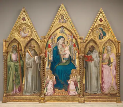 Madonna and Child with Saints Andrew, Benedict, Bernard, and Catherine of Alexandria with Angels [entire triptych]