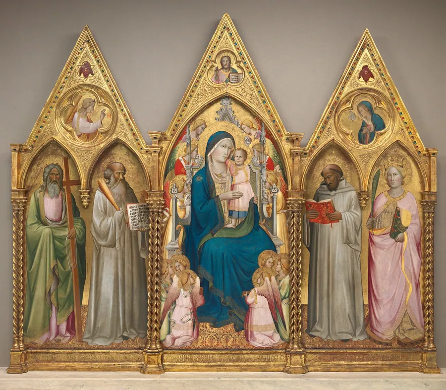 Madonna and Child with Saints Andrew, Benedict, Bernard, and Catherine of Alexandria with Angels [entire triptych] by Agnolo Gaddi