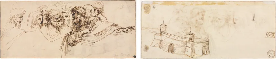 Study of Heads (recto); Crenelated Fortress (verso) by Agostino Carracci