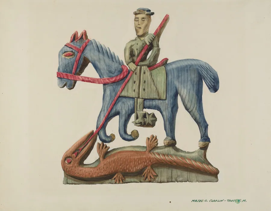Saint George & the Dragon, Carved Out of Section of Plank - Painted by Majel G. Claflin