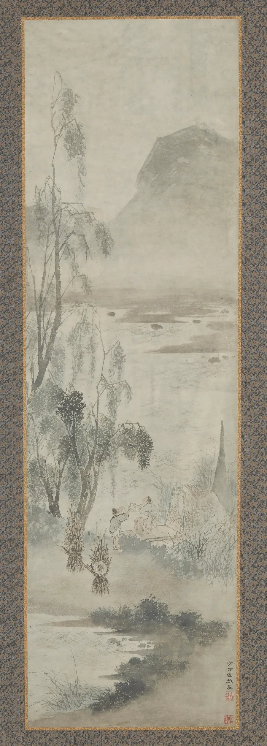 Woodcutter receiving a drink at a fishing boat by Formerly attributed to Fang Congyi (active 1340-1380)